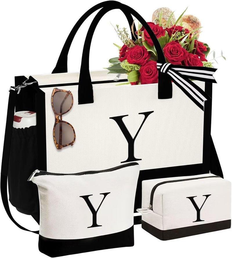 YOOLIFE Valentines Day Gifts for Women - Initial Canvas Tote Bag & Makeup Bag, Birthday Gifts for Women Mom Sister Friends - Image 1